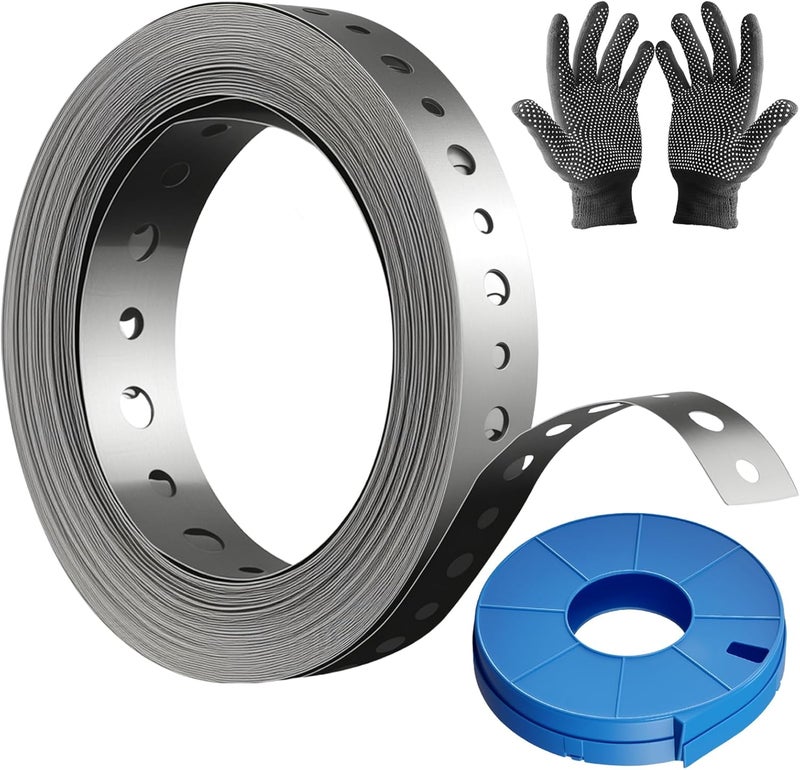 Yucime Galvanized Metal Pipe Strap 3/4" 32.8FT, 32-Gauge - Metal Hanger Strapping with Holes for Pipe Support, Flexible Trimming | Includes Storage Case & Gloves - Image 1